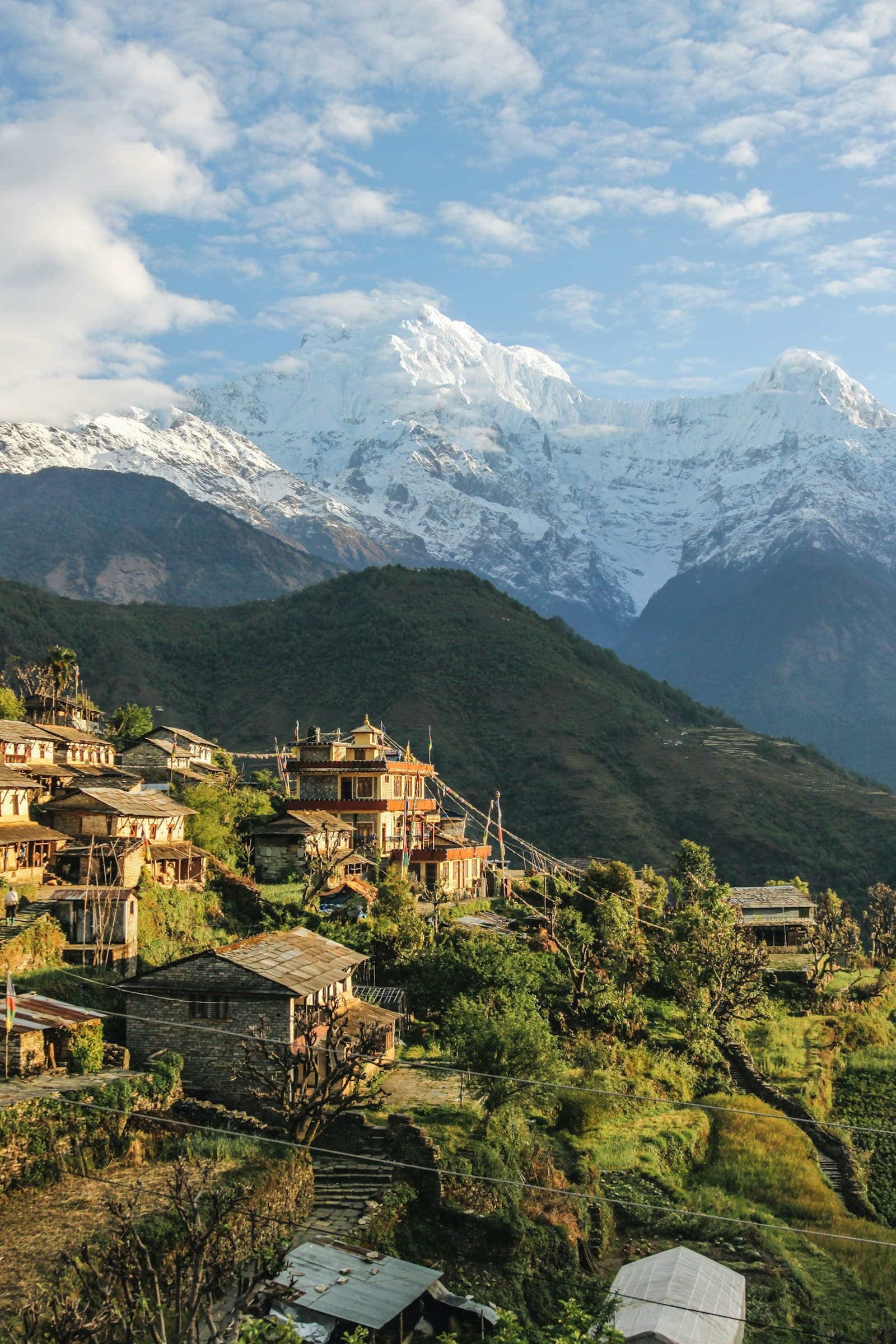 Village below snow-capped mountains in Nepal